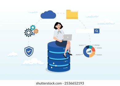 Woman working with computer laptop on database, database system, data network management, security or search, cloud computing technology or file document archive, database administration concept