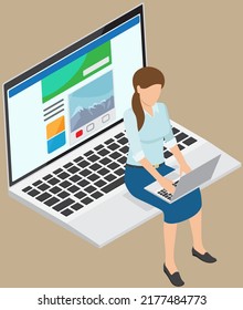 Woman working with computer looking for info. Person sitting with laptop, viewing information on website. Female character studying courses online, freelancer works with data uses electronic device