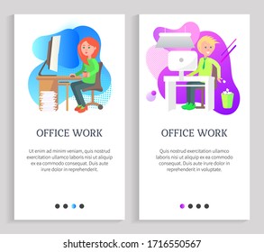 Woman working with computer, man sitting at desktop, throwing garbage in urn, worker character using pc, employee in office, job occupation vector. Website or slider app, landing page flat style