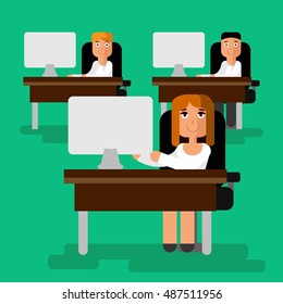 Woman working the computer at office with team vector flat illustration