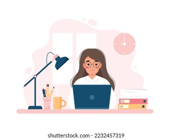 Woman working with computer, office worker, home office, . Cute concept vector illustration in flat style