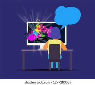 woman working at a computer on the screen a banner with a discount