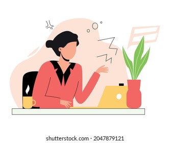 A woman is working at a computer. Remote work, work in the office. The woman at the table