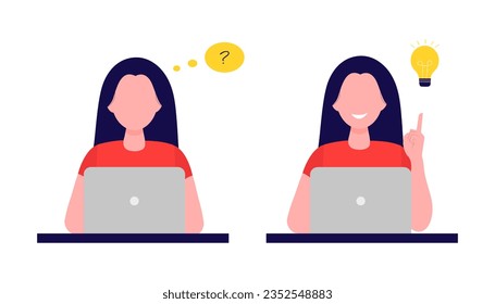 A woman working at a computer thinking about solving problems and finding a creative idea. Vector illustration in flat style. Isolated on white background.