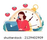 Woman working with computer using time management. Pomodoro technique concept vector illustration. Female character planning daily life tasks and schedule. Work and private life balance success.