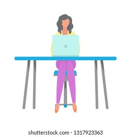 Woman working with computer vector, digital world person with laptop. Freelancer distant worker using modern form of work, flat style isolated business