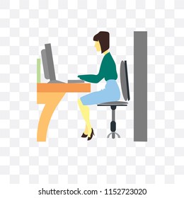 Woman working computer vector icon isolated on transparent background, Woman working computer logo concept