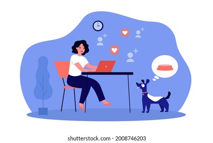 Woman working at computer while her dog hungry. Flat vector illustration. Girl passionate about communication on social networks, hungry dog thinking about food. Caring, pet, food, Internet concept