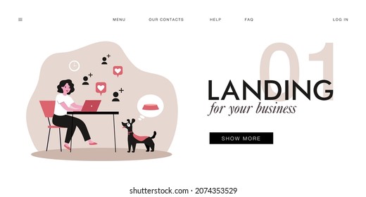 Woman working at computer while her dog hungry. Flat vector illustration. Girl passionate about communication on social networks, hungry dog thinking about food. Caring, pet, food, Internet concept