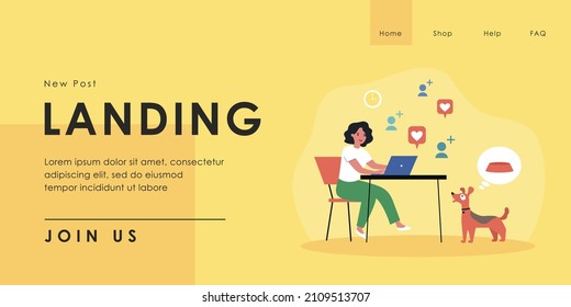 Woman working at computer while her dog hungry. Flat vector illustration. Girl passionate about communication on social networks, hungry dog thinking about food. Caring, pet, food, Internet concept