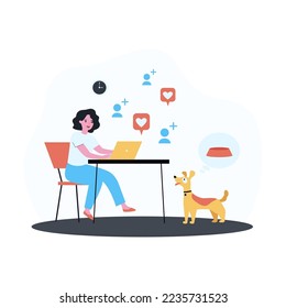 Mujer trabajando en el ordenador mientras su perro tiene hambre. Ilustración vectorial plana. Niña apasionada por la comunicación en las redes sociales, perro hambriento pensando en la comida. Concepto de cuidado