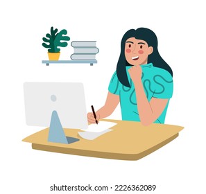 Eine Frau arbeitet an einem Computer. Arbeiten Sie im Büro und in der Ferne.  Vektorgrafik ist flach einzeln auf Weiß 