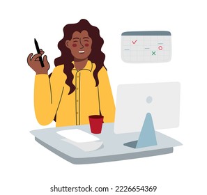 A woman is working at a computer. Work in the office and at a distance.  Vector illustration is flat isolated on a white 