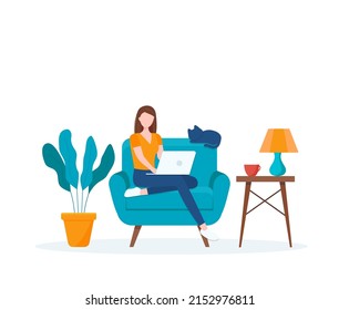 A woman working with computers, home office or freelancer. She can be an employee of the company for computer and student work in her own home office. Service, call center and support. Eps 10