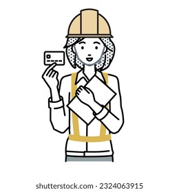 a woman working at construction sites holding a credit card and a document file laptop