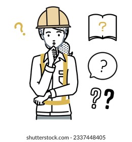 a woman working at construction sites holding a question standing with her finger on her chin question mark set