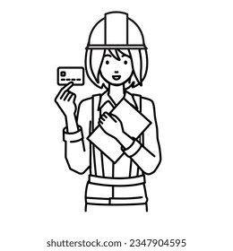a woman working at construction sites holding a credit card and a document file laptop