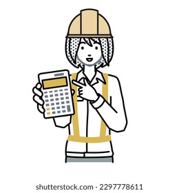 a woman working at construction sites recommending, proposing, showing estimates and pointing a calculator with a smile