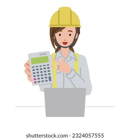 a woman working at construction sites recommending, proposing, showing estimates and pointing a calculator with a smile in front of laptop pc