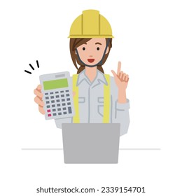 una mujer que trabaja en construcciones recomendando, proponiendo, mostrando estimaciones y apuntando una calculadora con una sonrisa frente a una laptop pc