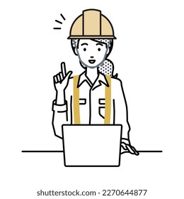 a woman working at construction sites using laptop computer getting ideas with pointing hand gesture at her desk