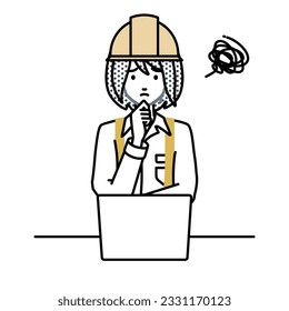 a woman working at construction sites using laptop computer having trouble with her finger on her chin at her desk