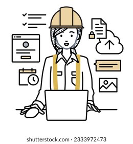 a woman working at construction sites using laptop computer for browsing web sites, researching, sharing files on cloud, scheduling, managing projects, organizing tasks, and communicating with team at