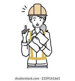 a woman working at construction sites using laptop computer getting ideas with pointing hand gesture at her desk