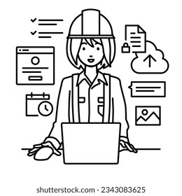 a woman working at construction sites using laptop computer for browsing web sites, researching, sharing files on cloud, scheduling, managing projects, organizing tasks, and communicating with team at