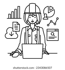 a woman working at construction sites using laptop computer for browsing web sites, researching, sharing files on cloud, analyzing, and making report at her desk