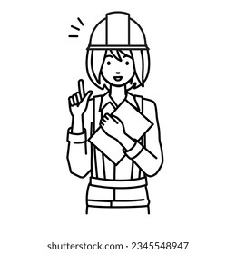 a woman working at construction sites using laptop computer getting ideas with pointing hand gesture at her desk