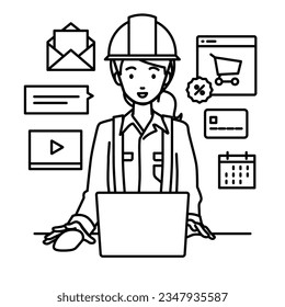 a woman working at construction sites using laptop computer for browsing web sites, digital marketing, payment, managing online store, and supporting customers at her desk - Powered by Shutterstock - Get 15% off with code: PIKWIZARD15