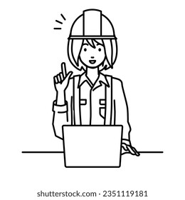 a woman working at construction sites using laptop computer getting ideas with pointing hand gesture at her desk