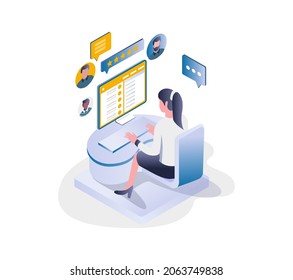 Woman working customer service in isometric illustration