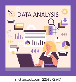 Woman working in data analysis field, poster template - flat vector illustration. Data scientist using laptop to analyze information. Abstract drawing of data engineer.