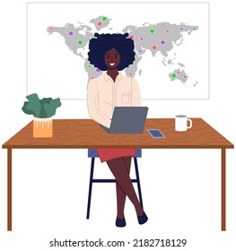 Frauen, die mit Daten über Computer arbeiten, internationale Geschäftsverbindung weltweit. Mitarbeiter, die mit Kunden auf der ganzen Welt umgehen. Arbeitsplatz der Frau auf Kartenhintergrund, Vektorgrafik