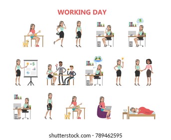 Woman working day. Sleeping and eating, working and relaxing. Woman working day. Sleeping and eating, working and relaxing.