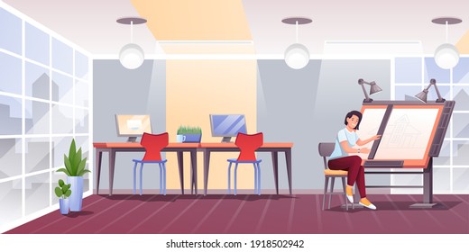 Woman working in design office. Business workplace interior vector illustration. Young girl doing creative work in room. Graphic workstation, computer monitors on desks with chairs.