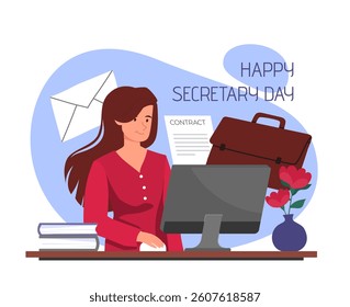 Woman working at desk with computer, books, flowers, and office icons in flat style on a white and blue background. Concept of Secretary Day celebration. Vector illustration