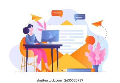 Woman working at desk with computer, flying paper planes, chat bubbles, and giant envelope elements in flat colorful style on white background. Concept of email communication. Vector illustration