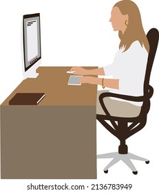 Woman working at a desk with a computer and keyboard