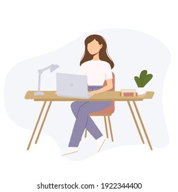 Woman working at desk and laptop, home office concept, freelancer, student. Vector flat illustration