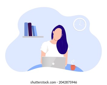 Woman working at desk and laptop, home office concept, freelancer, student. Vector flat illustration
