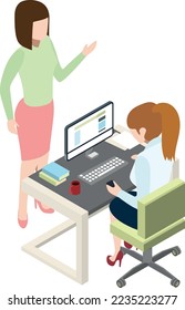 Woman working at desk and talking with colleague. Isometric scene