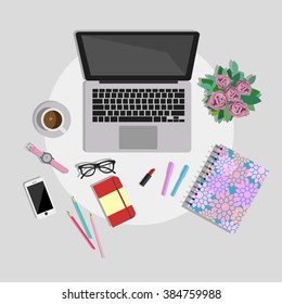 Woman working desk top view. Working place vector illustration