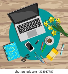 Woman working desk top view. Working place vector illustration. Working tools set