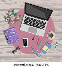 Woman working desk top view. Working place vector illustration. Working tools set