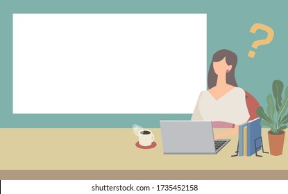 Una mujer trabajando en el escritorio. Ilustración vectorial.