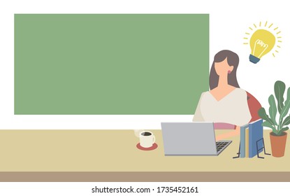 A woman working at desk work. Vector illustration.