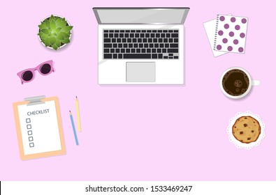 Woman working desktop with computer, coffee, sunglasses and plant. Girly flat lay vector graphic illustration
